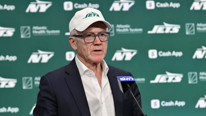 Jan 27, 2025; Florham Park, NJ, USA; New York Jets owner Woody Johnson speaks during an introductory press conference at Atlantic Health Jets Training Center. Mandatory Credit: John Jones-Imagn Images