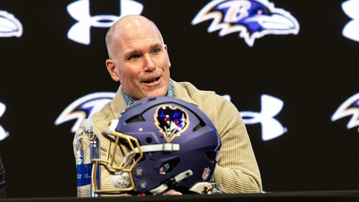 Jan 29, 2026; Owings Mills, MD, USA; Eric DeCosta at press conference discussing future of Baltimore Ravens at Under Armour Performance Center. Mandatory Credit: Lexi Thompson-Imagn Images