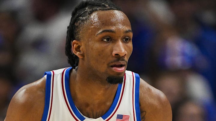 Dec 7, 2025; Kansas City, Missouri, USA; Kansas Jayhawks guard Darryn Peterson (22) defends during the first half against the Missouri Tigers at T-Mobile Center. Mandatory Credit: Jay Biggerstaff-Imagn Images