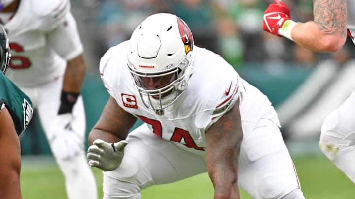 Dec 31, 2023; Philadelphia, Pennsylvania, USA; Arizona Cardinals offensive tackle D.J. Humphries (74) against the Philadelphia Eagles at Lincoln Financial Field. Mandatory Credit: Eric Hartline-Imagn Images