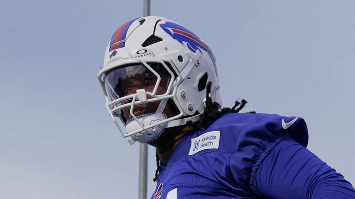 Bills Jude Bowry takes the field before practice starts at Bills Training Camp at St. John Fisher University in Pittsford on Aug. 1, 2026.