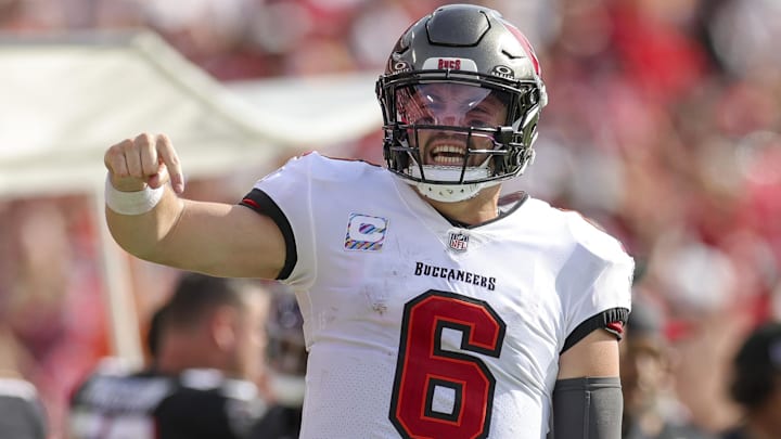 Oct 22, 2023; Tampa, Florida, USA;  Tampa Bay Buccaneers quarterback Baker Mayfield (6) reacts after a run against the Atlanta Falcon in the fourth quarter at Raymond James Stadium. Mandatory Credit: Nathan Ray Seebeck-Imagn Images