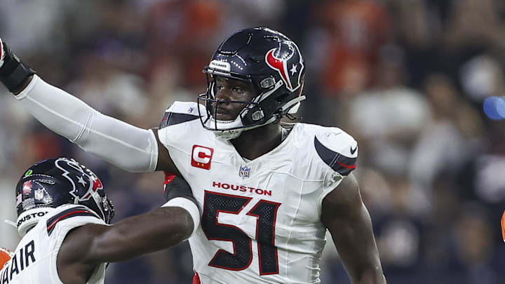 Sep 15, 2024; Houston, Texas, USA; Houston Texans defensive end Will Anderson Jr. (51) reacts after a play during the game against the Chicago Bears at NRG Stadium. Mandatory Credit: Troy Taormina-Imagn Images