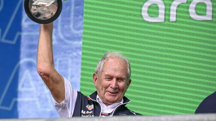 Oct 23, 2022; Austin, Texas, USA; Helmut Marko of Red Bull Racing Team holds up the World Constructors' Champions trophy after the running of the U.S. Grand Prix F1 race at Circuit of the Americas. Mandatory Credit: Jerome Miron-USA TODAY Sports