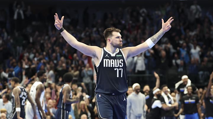 Dec 3, 2024; Dallas, Texas, USA;  Dallas Mavericks guard Luka Doncic (77) reacts during the fourth quarter against the Memphis Grizzlies at American Airlines Center. Mandatory Credit: Kevin Jairaj-Imagn Images