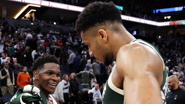 Feb 23, 2024; Minneapolis, Minnesota, USA; Minnesota Timberwolves guard Anthony Edwards (5) and Milwaukee Bucks forward Giannis Antetokounmpo (34) shake hands after the game at Target Center. Mandatory Credit: Matt Krohn-USA TODAY Sports Feb 23, 2024; Minneapolis, Minnesota, USA; Minnesota Timberwolves guard Anthony Edwards (5) and Milwaukee Bucks forward Giannis Antetokounmpo (34) shake hands after the game at Target Center. Mandatory Credit: Matt Krohn-USA TODAY Sports