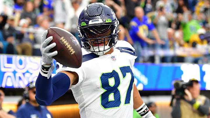 Dec 4, 2022; Inglewood, California, USA; Seattle Seahawks tight end Noah Fant (87) celebrates his touchdown scored against the Los Angeles Rams during the first half at SoFi Stadium. Mandatory Credit: Gary A. Vasquez-Imagn Images
