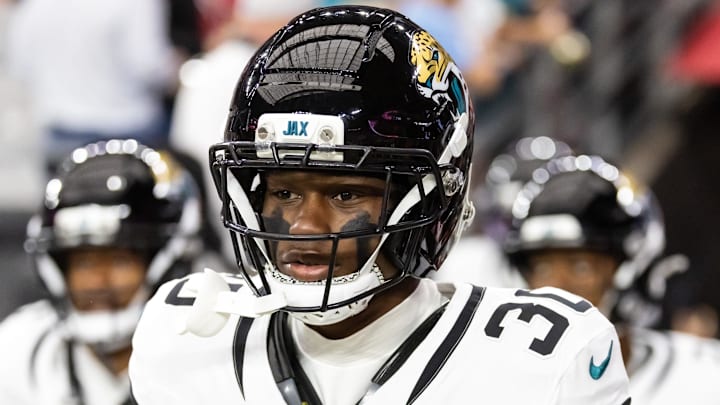 Nov 23, 2025; Glendale, Arizona, USA; Jacksonville Jaguars cornerback Montaric Brown (30) against the Arizona Cardinals at State Farm Stadium. Mandatory Credit: Mark J. Rebilas-Imagn Images Nov 23, 2025; Glendale, Arizona, USA; Jacksonville Jaguars cornerback Montaric Brown (30) against the Arizona Cardinals at State Farm Stadium. Mandatory Credit: Mark J. Rebilas-Imagn Images