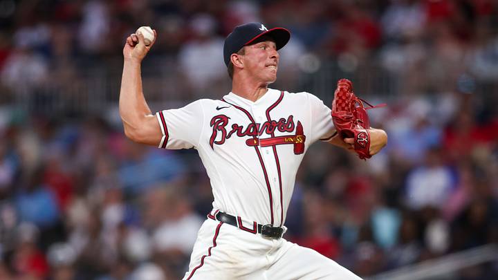 Jun 30, 2026; Atlanta, Georgia, USA; Atlanta Braves pitcher James Karinchak (00) throws against the St. Louis Cardinals in the sixth inning at Truist Park. Mandatory Credit: Brett Davis-Imagn Images