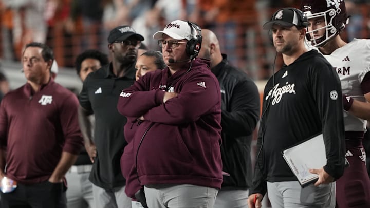 Texas A&M Aggies head coach Mike Elko watches the first half of play against the Texas Longhorns at Darrell K Royal-Texas Memorial Stadium. 