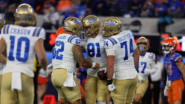 Dec 16, 2023; Inglewood, CA, USA; UCLA Bruins tight end Hudson Habermehl (81) celebrates with teammates after catching a touchdown pass in the first quarter against the Boise State Broncos during the LA Bowl at SoFi Stadium. Mandatory Credit: Kiyoshi Mio-Imagn Images