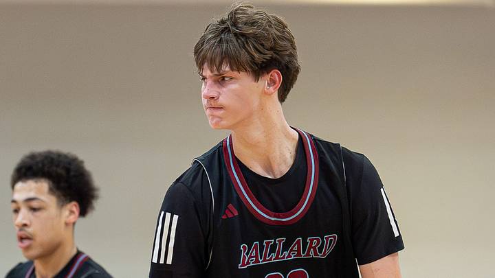 Ballard's Mason Grivna (23) flexes after making a three pointer as the Bruins battle the St. Xavier Tigers in the KHSAA 7th Region boys basketball final at Valley High School on March 9, 2026, in Louisville, Ky.