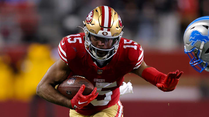 Dec 30, 2024; Santa Clara, California, USA; San Francisco 49ers wide receiver Jauan Jennings (15) during the game against the Detroit Lions at Levi's Stadium. Mandatory Credit: Sergio Estrada-Imagn Images