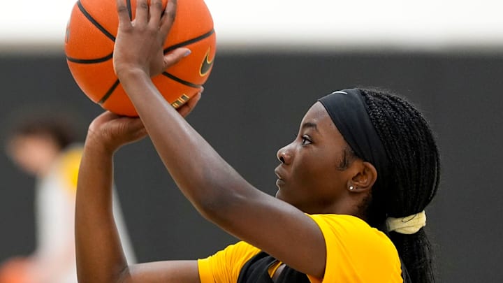 Iowa’s Chazadi “Chit-Chat” Wright shoots a free throw during a women’s basketball practice July 1, 2025 at Carver-Hawkeye Arena in Iowa City, Iowa.