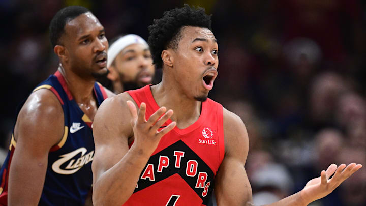 Apr 20, 2026; Cleveland, Ohio, USA; Toronto Raptors forward Scottie Barnes (4) reacts after being called for a foul during the second half during game two of the first round of the 2026 NBA Playoffs against the Cleveland Cavaliers at Rocket Arena. Mandatory Credit: David Dermer-Imagn Images