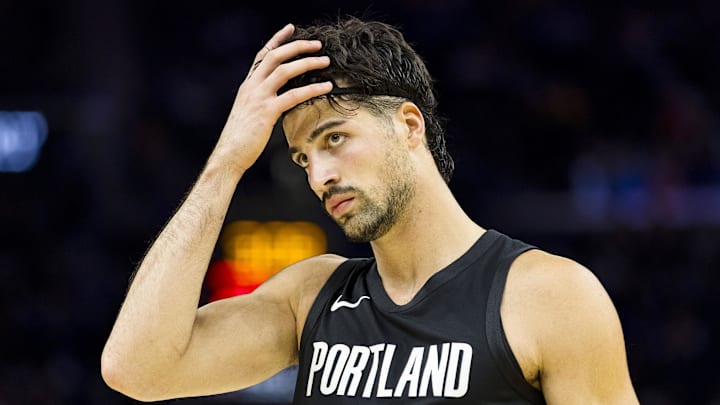 Oct 8, 2025; San Francisco, California, USA;  Portland Trail Blazers forward Deni Avdija (8) reacts during the second quarter against the Golden State Warriors at Chase Center. Mandatory Credit: John Hefti-Imagn Images