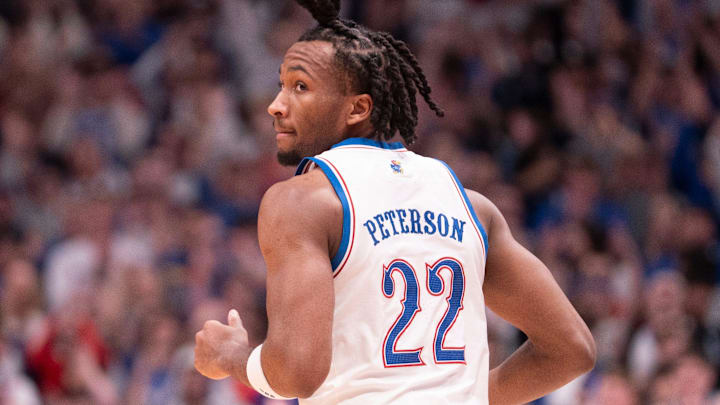 Kansas Jayhawks guard Darryn Peterson (22) looks back after scoring against Baylor Bears during the game inside Allen Fieldhouse on Jan. 16, 2026.