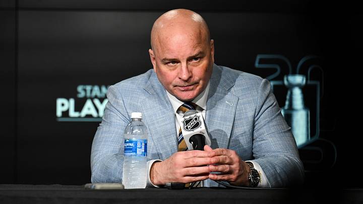 May 2, 2025; St. Louis, Missouri, USA; St. Louis Blues head coach Jim Montgomery speaks to the media following  game six of the first round of the 2025 Stanley Cup Playoffs against the Winnipeg Jets at Enterprise Center. Mandatory Credit: Connor Hamilton-Imagn Images