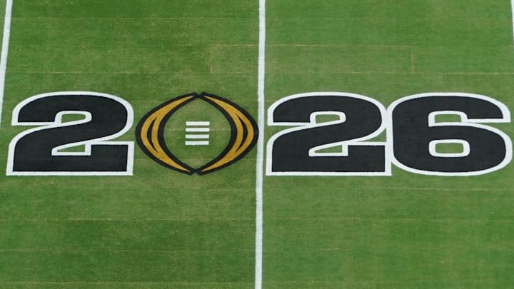 Jan 19, 2026; Miami Gardens, FL, USA; A general view of a 2026 logo before the CFP National Championship college football game between the Indiana Hoosiers and the Miami Hurricanes at Hard Rock Stadium. Mandatory Credit: James Lang-Imagn Images