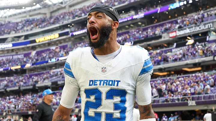 Oct 20, 2024; Minneapolis, Minnesota, USA; Detroit Lions cornerback Carlton Davis III (23) celebrates his teams win after the game against the Minnesota Vikings at U.S. Bank Stadium. Mandatory Credit: Matt Krohn-Imagn Images Oct 20, 2024; Minneapolis, Minnesota, USA; Detroit Lions cornerback Carlton Davis III (23) celebrates his teams win after the game against the Minnesota Vikings at U.S. Bank Stadium. Mandatory Credit: Matt Krohn-Imagn Images