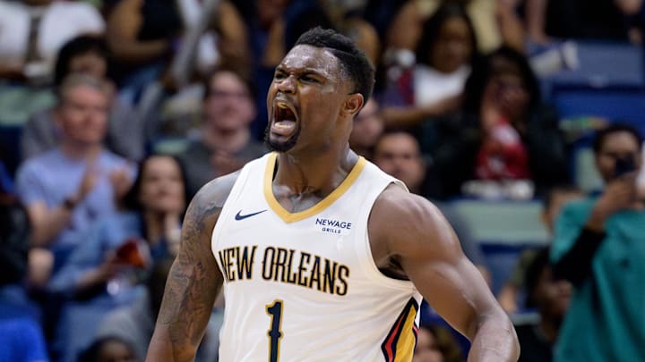 Mar 11, 2025; New Orleans, Louisiana, USA; New Orleans Pelicans forward Zion Williamson (1) reacts after a dunk against the Los Angeles Clippers during the fourth quarter at Smoothie King Center. Mandatory Credit: Matthew Hinton-Imagn Images