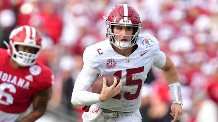 Jan 1, 2026; Pasadena, CA, USA; Alabama Crimson Tide quarterback Ty Simpson (15) runs against the Indiana Hoosiers in the first half of the 2026 Rose Bowl and quarterfinal game of the College Football Playoff at Rose Bowl Stadium. Mandatory Credit: Gary A. Vasquez-Imagn Images