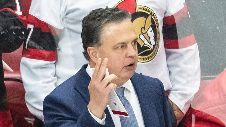 May 1, 2025; Ottawa, Ontario, CAN; Ottawa Senators head coach Travis Green signals to his team in game six of the first round of the 2025 Stanley Cup Playoffs against the Toronto Maple Leafs at Canadian Tire Centre. Mandatory Credit: Marc DesRosiers-Imagn Images