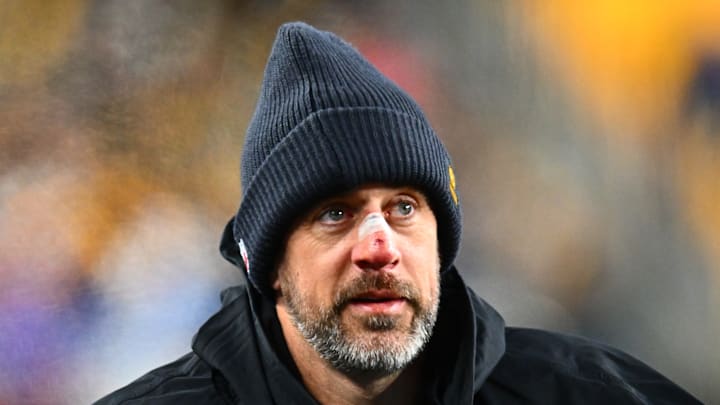 Aaron Rodgers with the Pittsburgh Steelers appears in pain Aaron Rodgers with the Pittsburgh Steelers appears in pain