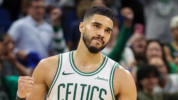 Apr 27, 2025; Orlando, Florida, USA; Boston Celtics forward Jayson Tatum (0) reacts after beating the Orlando Magic in game four of first round for the 2025 NBA Playoffs at Kia Center. Mandatory Credit: Nathan Ray Seebeck-Imagn Images