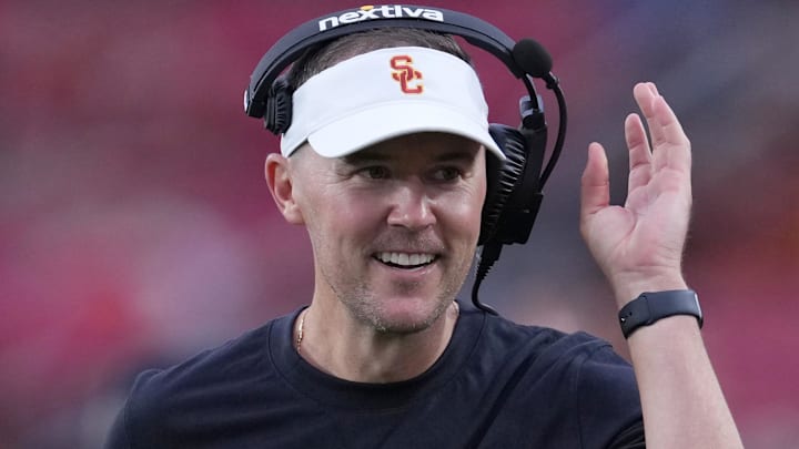 Sep 2, 2023; Los Angeles, California, USA; Southern California Trojans head coach Lincoln Riley reacts against the Nevada Wolf Pack  in the second half at United Airlines Field at Los Angeles Memorial Coliseum. Mandatory Credit: Kirby Lee-Imagn Images