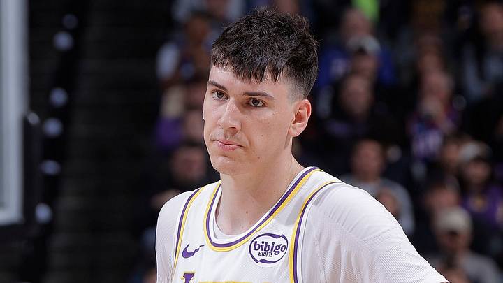 SACRAMENTO, CA - OCTOBER 26: Jake LaRavia #12 of the Los Angeles Lakers looks on during the game against the Sacramento Kings on October 26, 2025 at Golden 1 Center in Sacramento, California. Copyright 2025 NBAE (Photo by Rocky Widner/NBAE via Getty Images) SACRAMENTO, CA - OCTOBER 26: Jake LaRavia #12 of the Los Angeles Lakers looks on during the game against the Sacramento Kings on October 26, 2025 at Golden 1 Center in Sacramento, California. Copyright 2025 NBAE (Photo by Rocky Widner/NBAE via Getty Images)