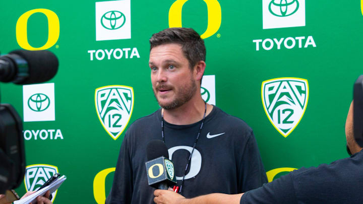 Oregon head football coach Dan Lanning meets with media for the first time since the announcement that the University of Oregon is moving to the Big 10 in 2024. Oregon head football coach Dan Lanning meets with media for the first time since the announcement that the University of Oregon is moving to the Big 10 in 2024.