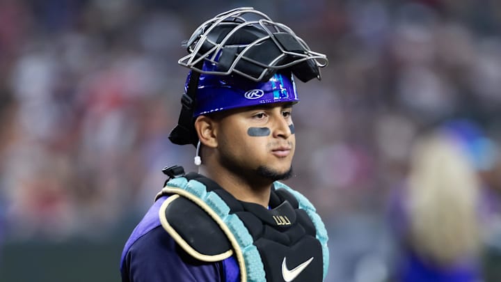 Jun 13, 2025; Phoenix, Arizona, USA; Arizona Diamondbacks catcher Gabriel Moreno against the San Diego Padres at Chase Field. Mandatory Credit: Mark J. Rebilas-Imagn Images