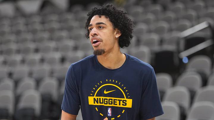 Apr 12, 2026; San Antonio, Texas, USA; Denver Nuggets guard Julian Strawther warms up before a game against the San Antonio Spurs at Frost Bank Center. Mandatory Credit: Scott Wachter-Imagn Images