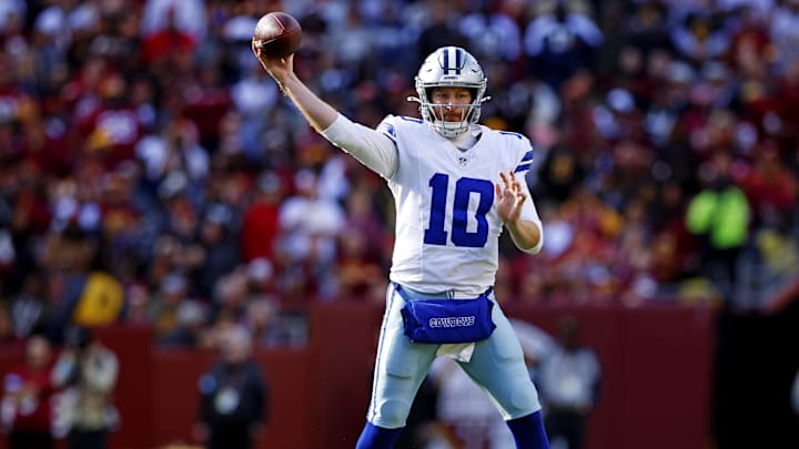 Dallas Cowboys quarterback Cooper Rush throws a pass against the Washington Commanders.