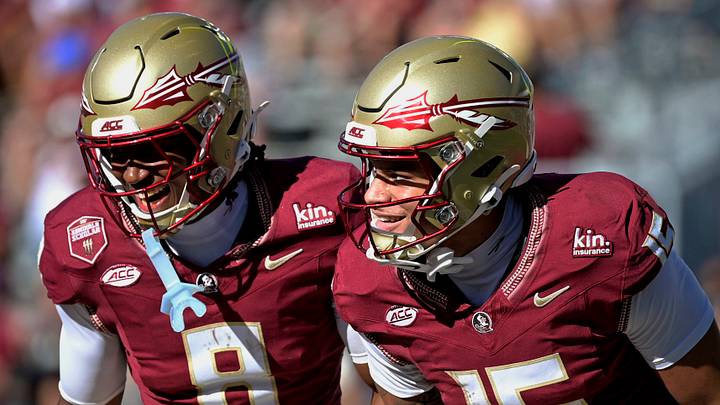 Sep 26, 2026; Tallahassee, Florida, USA; Florida State Seminoles wide receivers Micahi Danzy (8) and Jayvan Boggs (15) celebrate a touchdown during the second half against the Central Arkansas Bears at Doak S. Campbell Stadium. Mandatory Credit: Melina Myers-Imagn Images Sep 26, 2026; Tallahassee, Florida, USA; Florida State Seminoles wide receivers Micahi Danzy (8) and Jayvan Boggs (15) celebrate a touchdown during the second half against the Central Arkansas Bears at Doak S. Campbell Stadium. Mandatory Credit: Melina Myers-Imagn Images