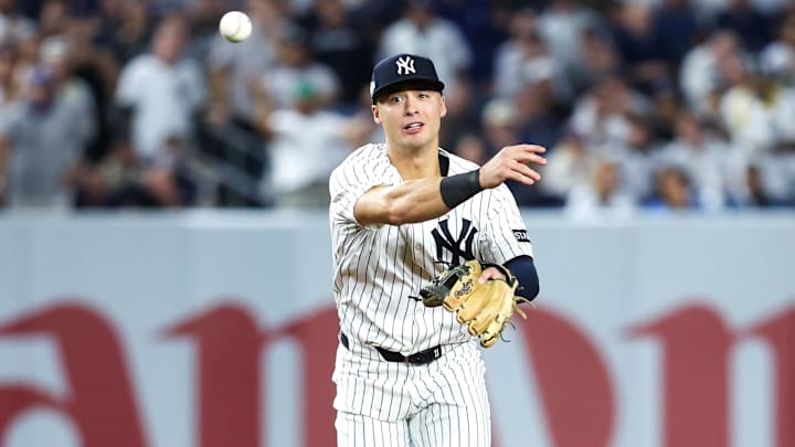Oct 7, 2025; Bronx, New York, USA; New York Yankees shortstop Anthony Volpe (11) throws a runner out in the sixth inning against the Toronto Blue Jays during game three of the ALDS round for the 2025 MLB playoffs at Yankee Stadium. Mandatory Credit: Wendell Cruz-Imagn Images Oct 7, 2025; Bronx, New York, USA; New York Yankees shortstop Anthony Volpe (11) throws a runner out in the sixth inning against the Toronto Blue Jays during game three of the ALDS round for the 2025 MLB playoffs at Yankee Stadium. Mandatory Credit: Wendell Cruz-Imagn Images