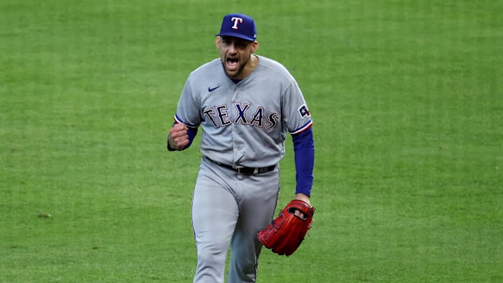 Oct 16, 2023; Houston, Texas, USA; Texas Rangers starting pitcher Nathan Eovaldi (17) reacts after the fifth inning against the Houston Astros during game two of the ALCS for the 2023 MLB playoffs at Minute Maid Park. Mandatory Credit: Troy Taormina-Imagn Images Oct 16, 2023; Houston, Texas, USA; Texas Rangers starting pitcher Nathan Eovaldi (17) reacts after the fifth inning against the Houston Astros during game two of the ALCS for the 2023 MLB playoffs at Minute Maid Park. Mandatory Credit: Troy Taormina-Imagn Images