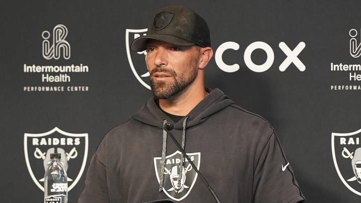 Jun 3, 2026; Henderson, NV, USA; Las Vegas Raiders defensive coordinator Rob Leonard speaks during a news conference during organized team activities at Intermountain Health Performance Center. Mandatory Credit: Candice Ward-Imagn Images