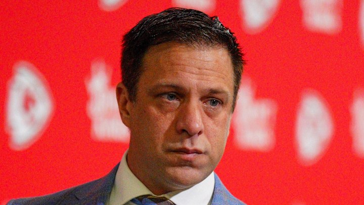 Nov 10, 2024; Kansas City, Missouri, USA; Kansas City Chiefs general manager Brett Veach arrives to the stadium prior to a game against the Denver Broncos at GEHA Field at Arrowhead Stadium. Mandatory Credit: Denny Medley-Imagn Images