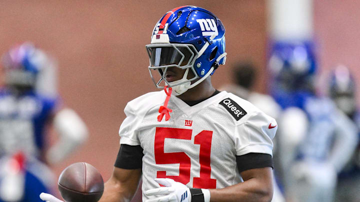 Jun 17, 2025; East Rutherford, NJ, USA; New York Giants linebacker Abdul Carter (51) participates in a drill during minicamp at Quest Diagnostics Training Center.  