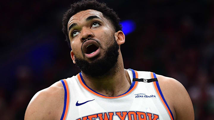 New York Knicks center Karl-Anthony Towns reacts in the second half during game five. Mandatory Credit: Bob DeChiara-Imagn Images
