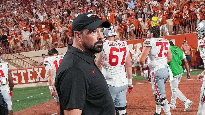 Ohio State Buckeyes head coach Ryan Day watches his players leave the field following the NCAA football game against the Texas Longhorns at Darrell K Royal–Texas Memorial Stadium in Austin, Texas on Sept. 12, 2026. Texas won 24-23.