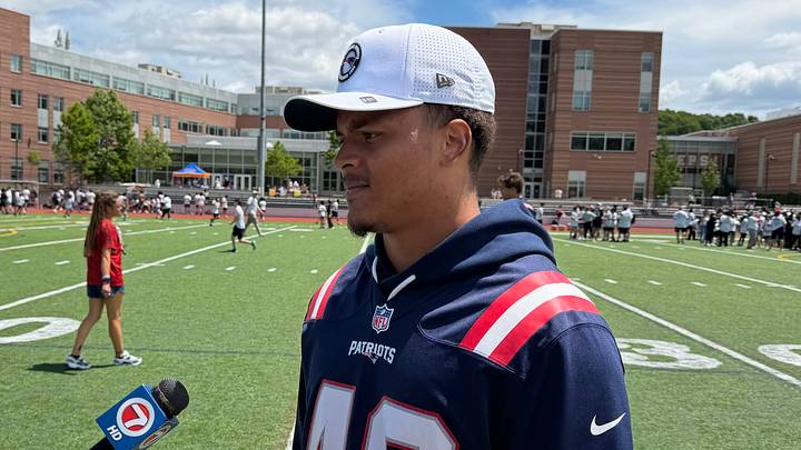 New England Patriots linebacker Namdi Obiazor speaks to the media following a Juneteenth football clinic in Newton, MA. New England Patriots linebacker Namdi Obiazor speaks to the media following a Juneteenth football clinic in Newton, MA.
