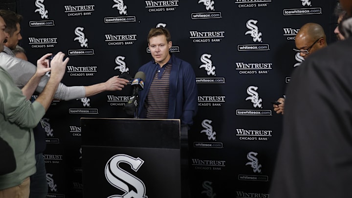 Apr 26, 2024; Chicago, Illinois, USA; Chicago White Sox general manager Chris Getz speaks before a baseball game between the Chicago White Sox and Tampa Bay Rays at Guaranteed Rate Field. Mandatory Credit: Kamil Krzaczynski-Imagn Images
