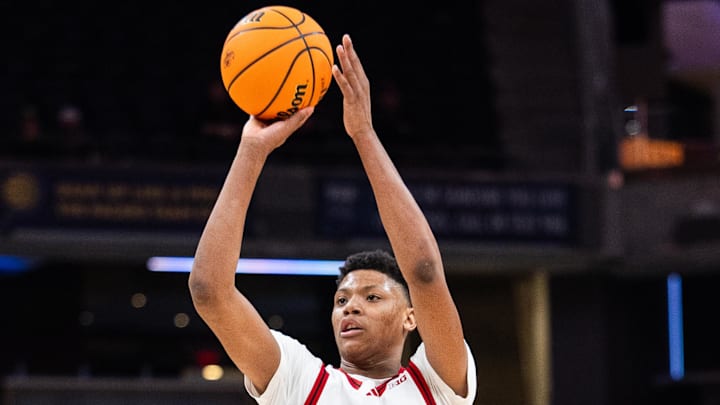 Mar 12, 2025; Indianapolis, IN, USA;  Rutgers Scarlet Knights guard Ace Bailey (4) shoots the ball in the second half against the USC Trojans at Gainbridge Fieldhouse. Mandatory Credit: Trevor Ruszkowski-Imagn Images