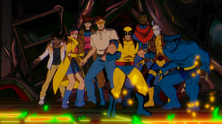 (L-R): Roberto Da Costa (voiced by Gui Agustini), Jubilee (voiced by Holly Chou), Gambit (voiced by AJ LoCascio), Cyclops (voiced by Ray Chase), Wolverine (voiced by Cal Dodd), Bishop (voiced by Isaac Robinson-Smith), Morph (voiced by JP Karliak), and Beast (voiced by George Buza) in Marvel Studios' X-MEN '97. Photo courtesy of Marvel Studios. © 2024 MARVEL.