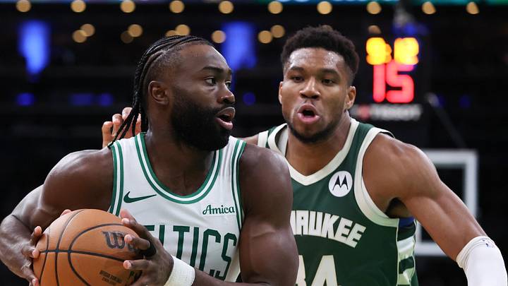 Oct 28, 2024; Boston, Massachusetts, USA; Boston Celtics forward Jaylen Brown (7) drives to the basket defended by Milwaukee Bucks forward Giannis Antetokounmpo (34) during the second half at TD Garden. Mandatory Credit: Paul Rutherford-Imagn Images