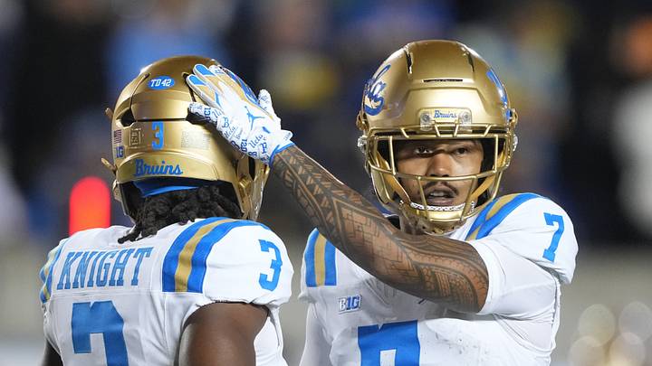 Sep 5, 2026; Berkeley, California, USA; UCLA Bruins wide receiver Mikey Matthews (7) taps the helmet of running back Wayne Knight (3) during the third quarter against the California Golden Bears at California Memorial Stadium. Mandatory Credit: Darren Yamashita-Imagn Images Sep 5, 2026; Berkeley, California, USA; UCLA Bruins wide receiver Mikey Matthews (7) taps the helmet of running back Wayne Knight (3) during the third quarter against the California Golden Bears at California Memorial Stadium. Mandatory Credit: Darren Yamashita-Imagn Images