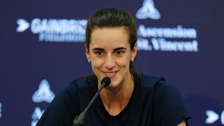 Indiana Fever guard Caitlin Clark (22) speaks 